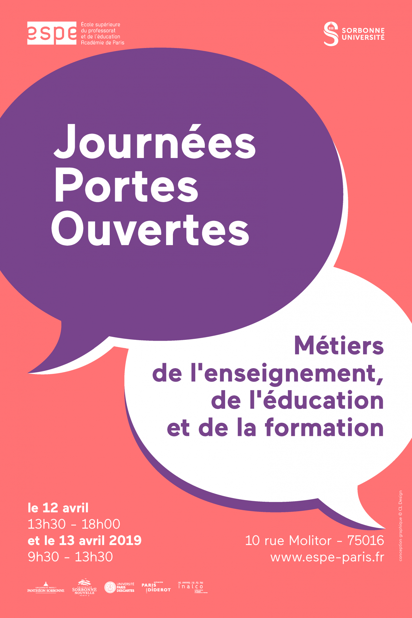 L’ESPE de l’académie de Paris aura le plaisir de vous accueillir pour ses Journées Portes Ouvertes le vendredi 12 avril et samedi 13 avril 2019 sur le site de Molitor (entrée libre).