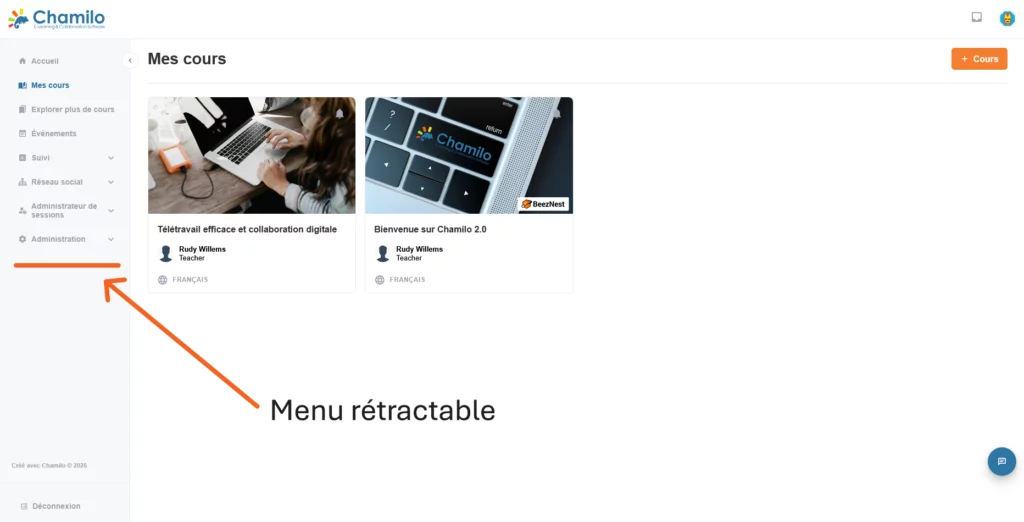 Le menu rétractable de Chamilo LMS, se positionne à gauche et s'efface pour laisser la place au contenu. Ce système permet également un rechargement plus rapide de la zone de travail. 