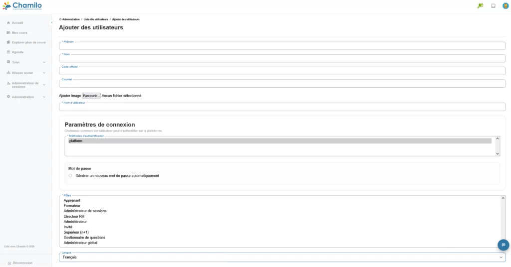 Chamilo LMS - Administration Chamilo 2.0 - nouvel utilisateur